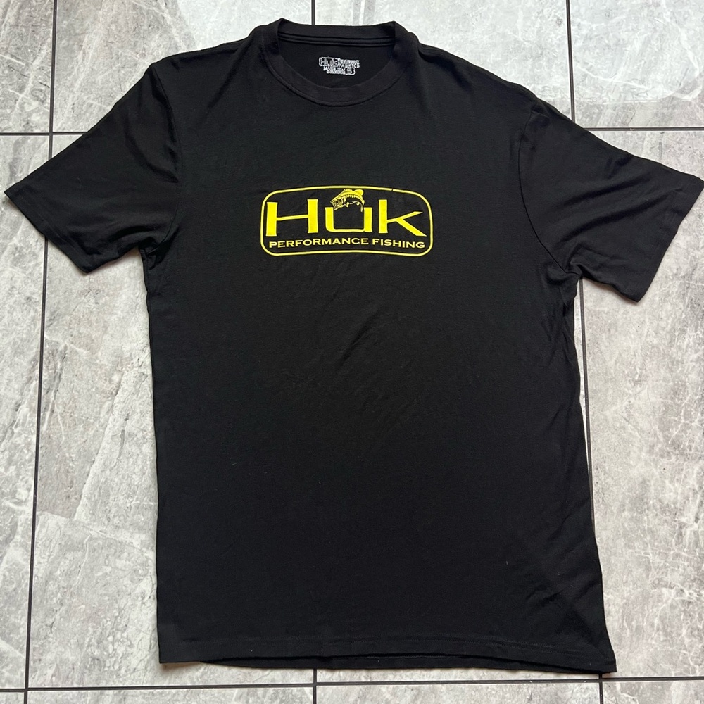 Huk Mens Black performance fishing T-Shirt Short Sleeve 95%Modal Logo Print S